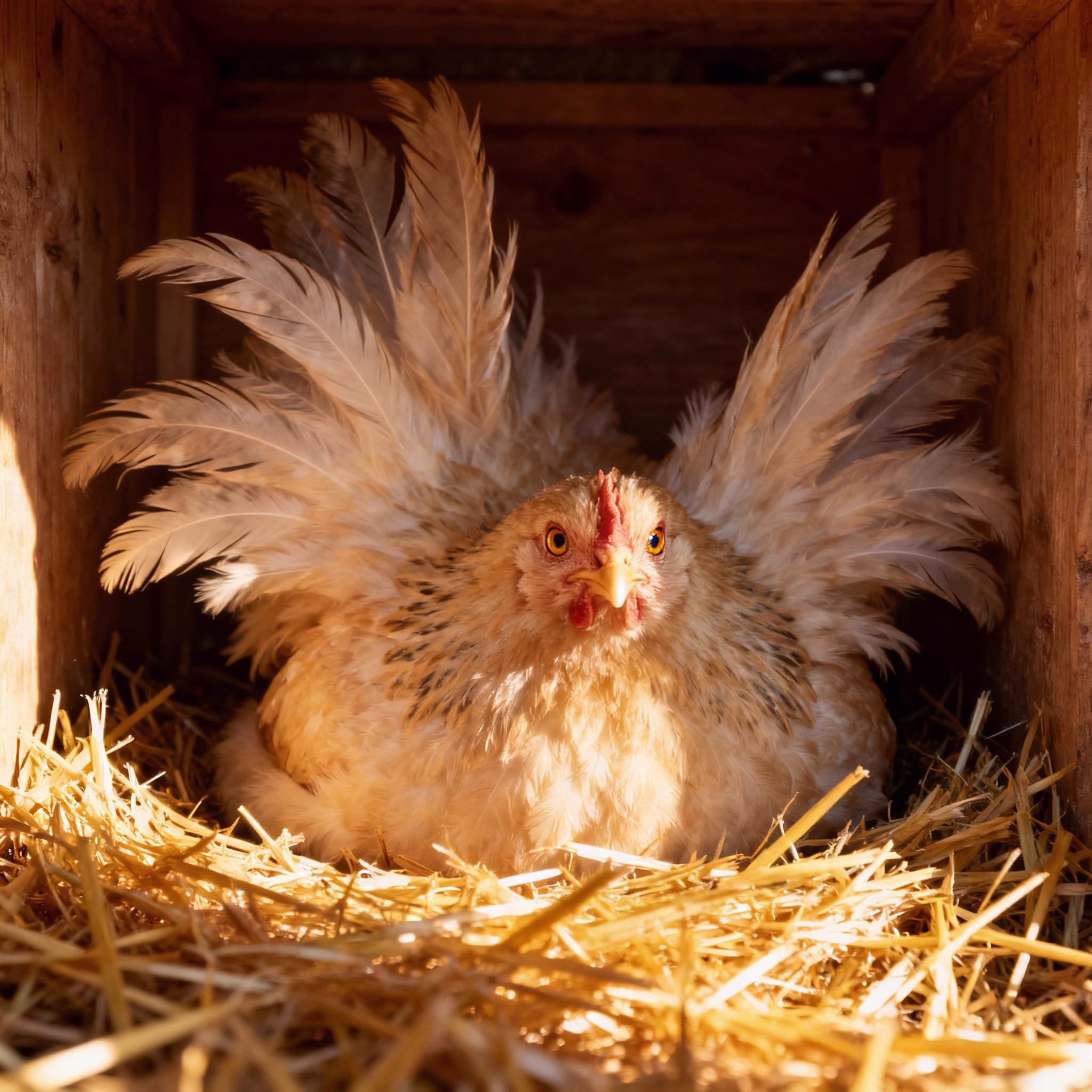 Aufgeplusterte Henne im hölzernen Legenest auf Stroh bei warmem Licht
