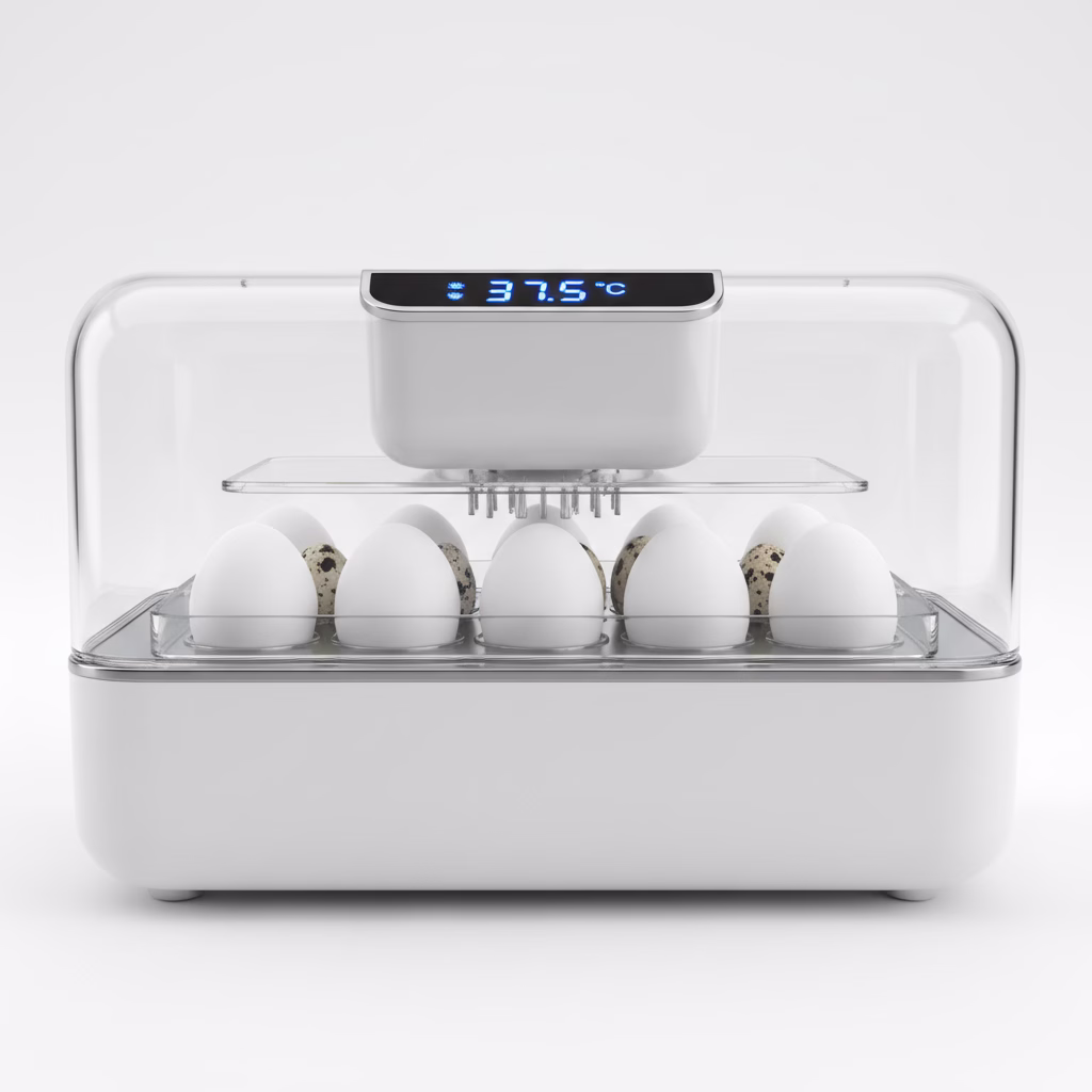 Moderner Brutkasten mit Eiern, dessen digitales Display 37,5°C anzeigt.