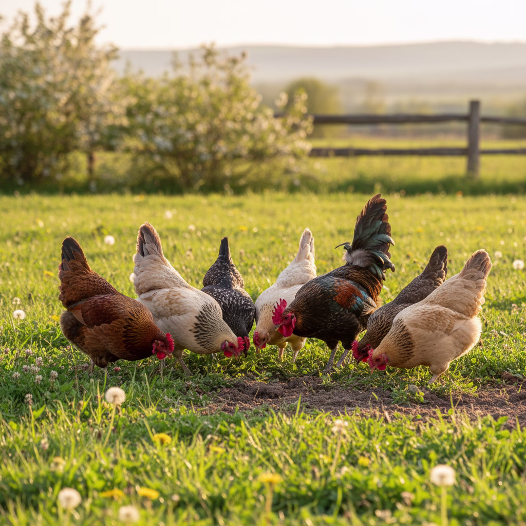 Bunte Hühner picken und scharren auf einer grünen Wiese im Sonnenlicht.
