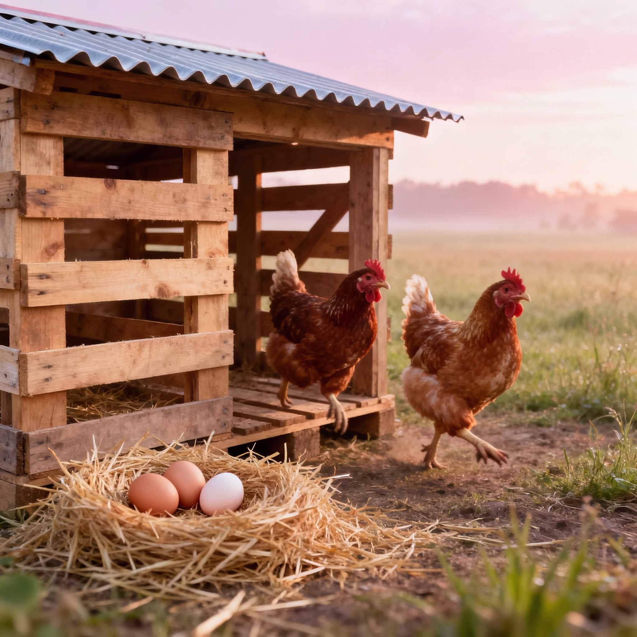 3 glückliche Hühner verlassen Paletten-Stall, 3 frische Eier im Stroh, Morgenlicht