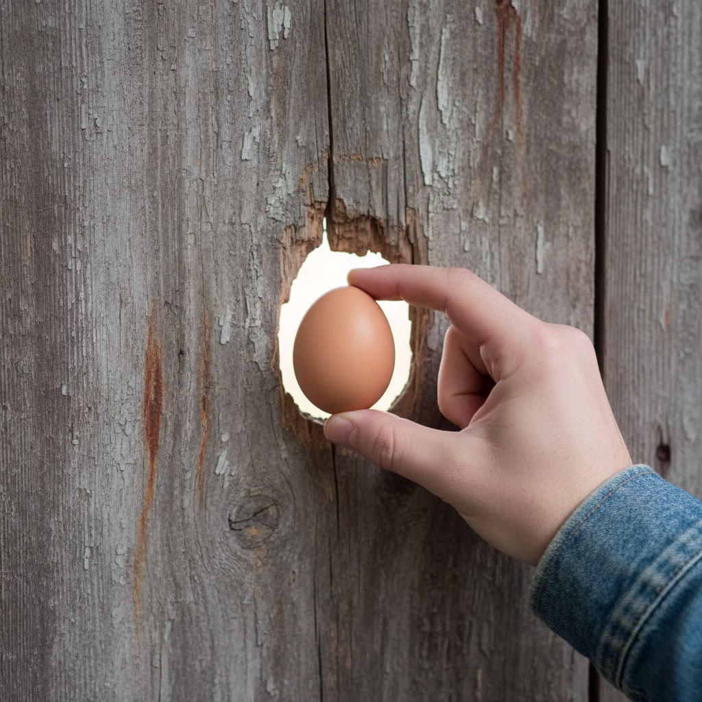 Braunes Ei als Maßstab für ein Loch in einer verwitterten Holzwand.