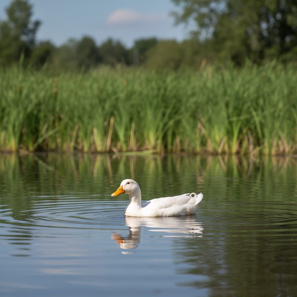 Weiße Ente gleitet auf spiegelglattem See, umgeben von grünem Schilf.
