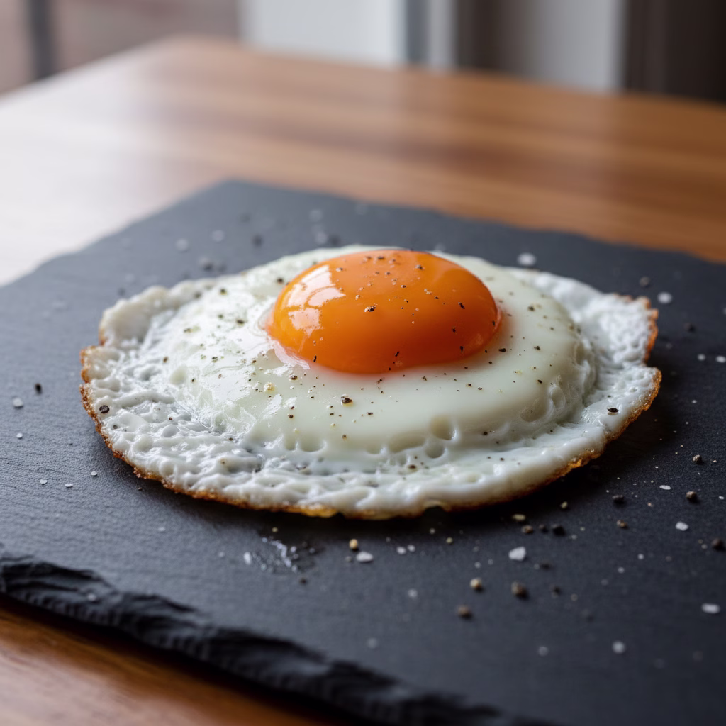 Aufgeschlagenes Ei mit festem Eiklar und hohem Dotter auf dunklem Schiefer.