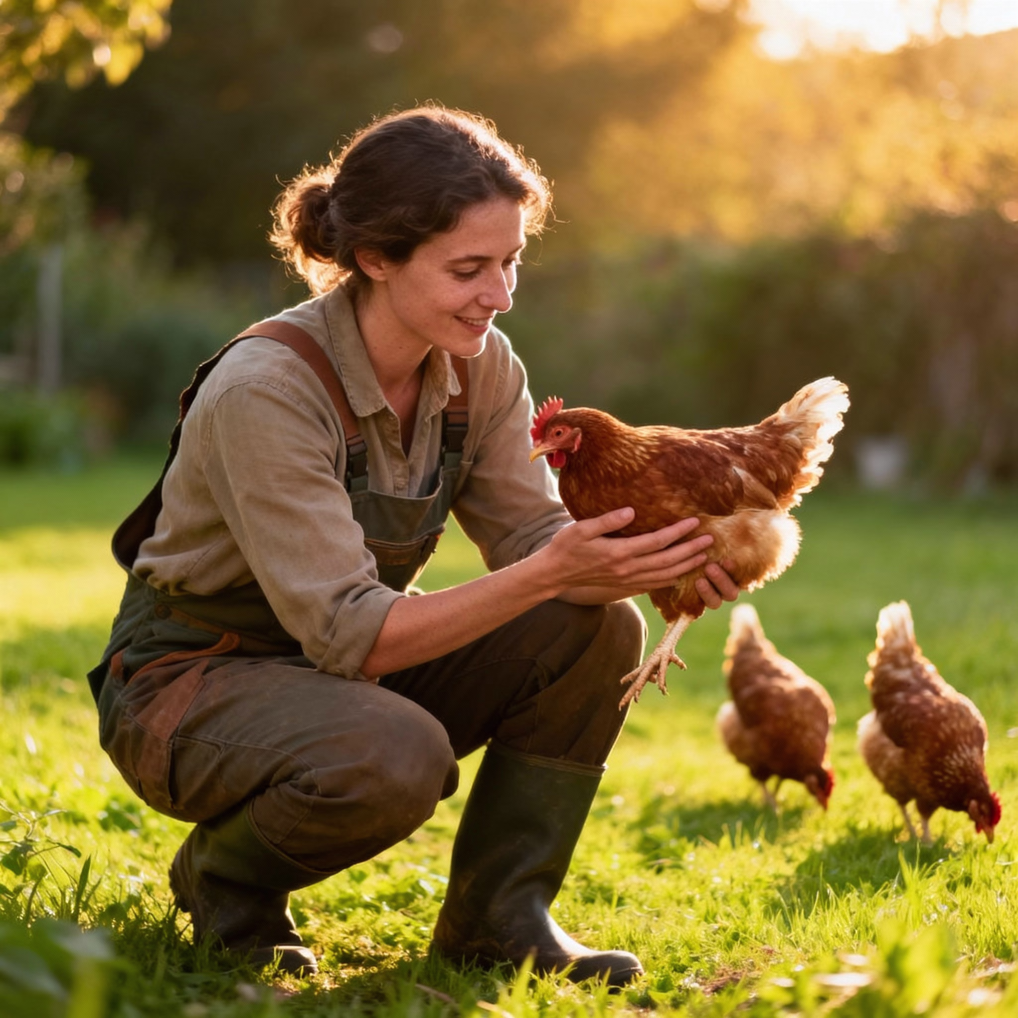 Gärtnerin hält sanft braunes Huhn auf grüner Wiese, weitere Hühner im Hintergrund.