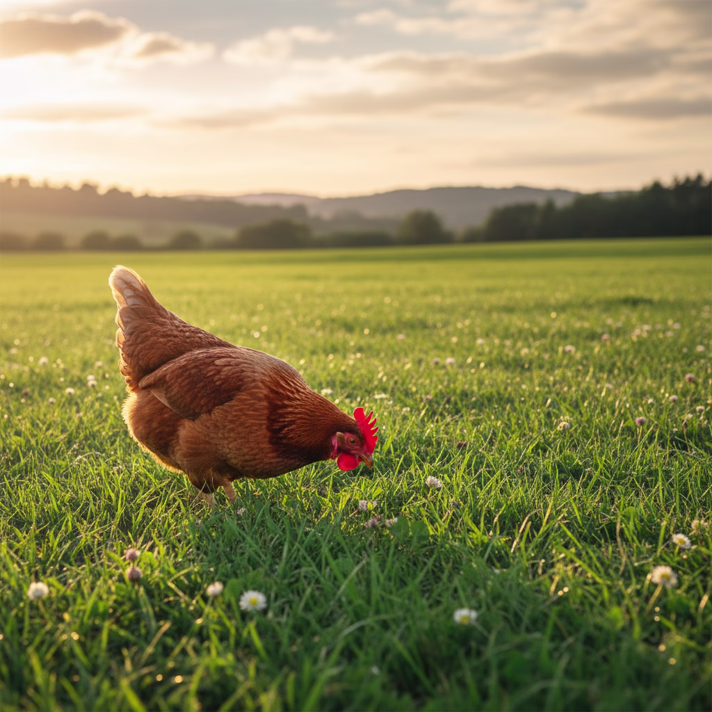Huhn pickt auf einer grünen Wiese im Sonnenlicht.
