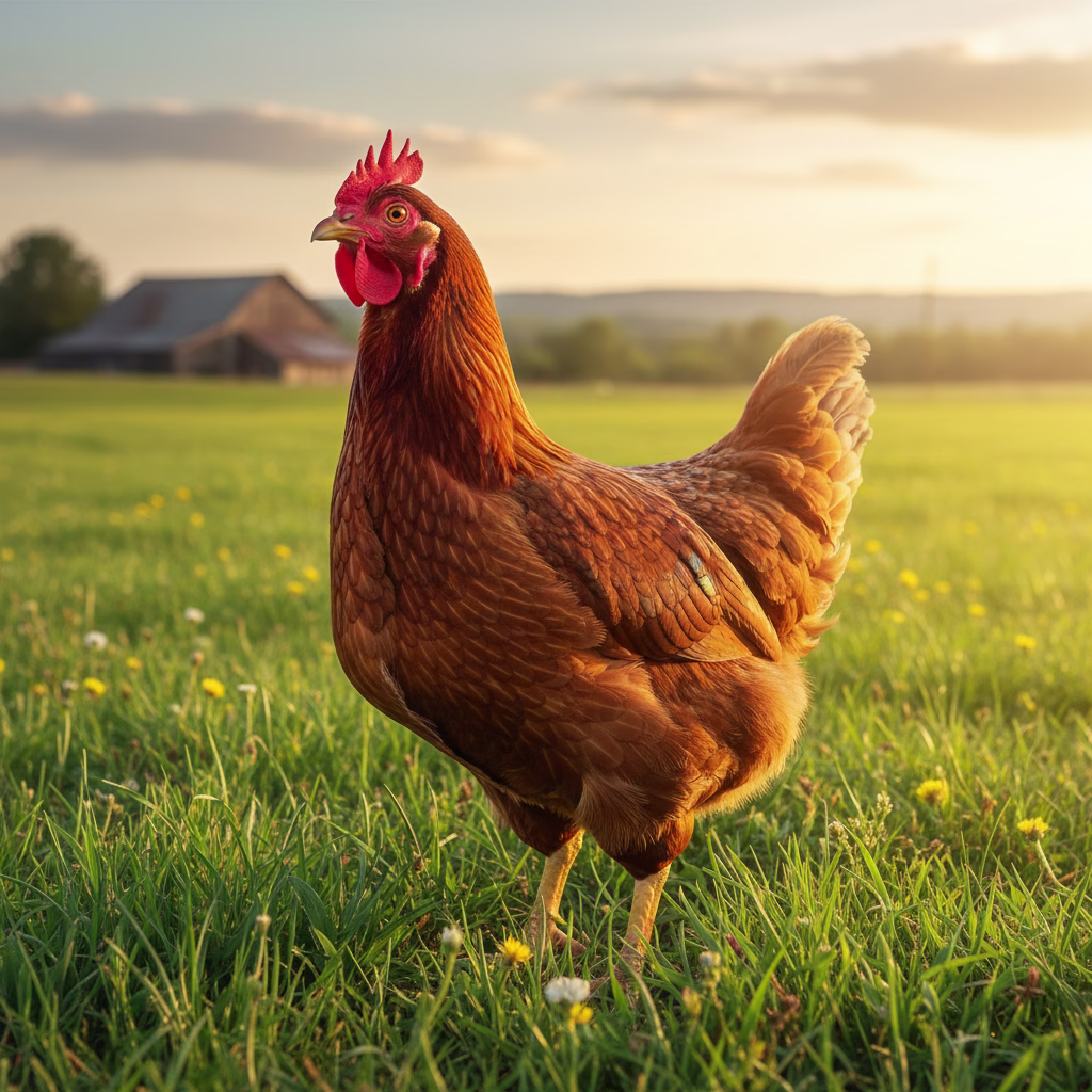 Gesundes Huhn auf saftig grüner Wiese im Sonnenlicht