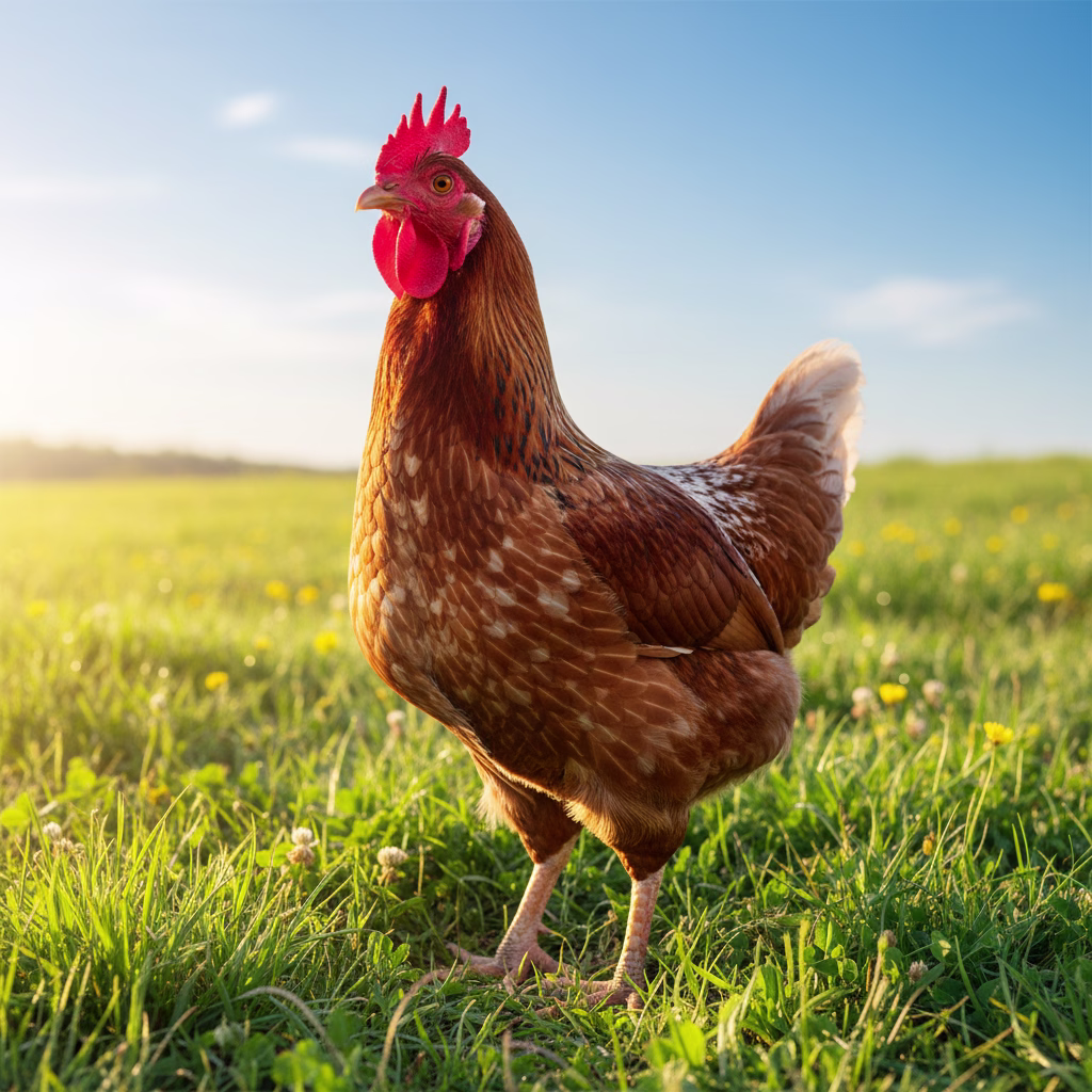 Huhn mit leuchtend rotem Kamm auf grüner Wiese im Sonnenlicht.