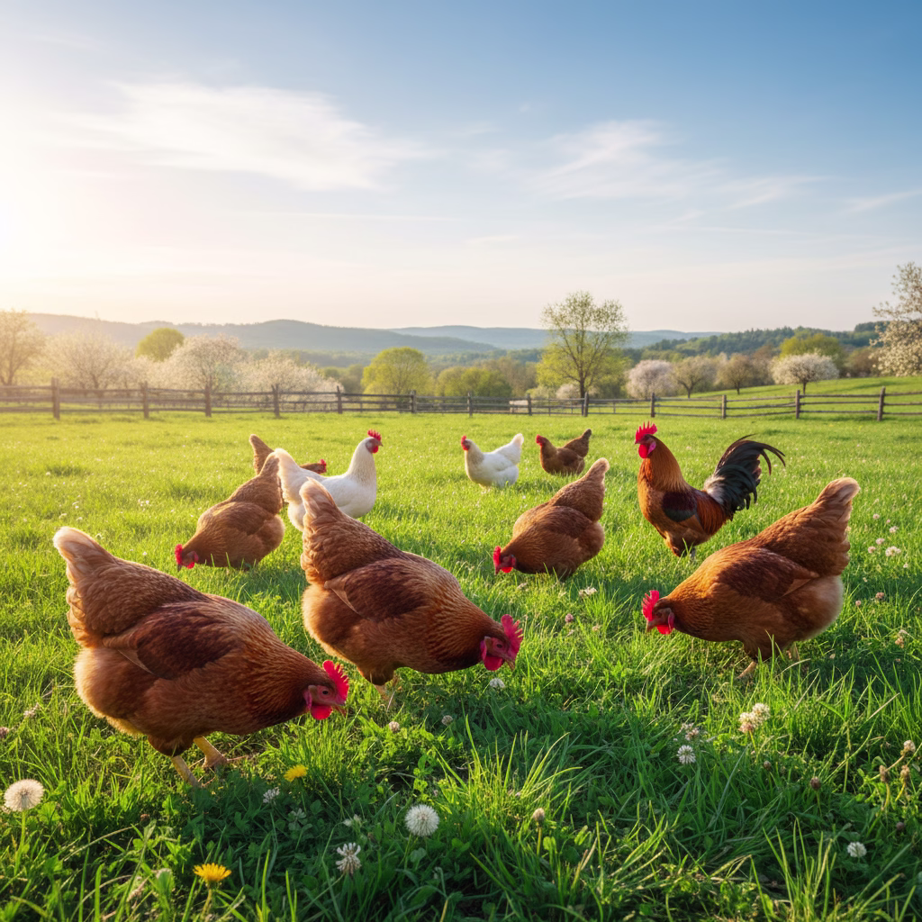 Hühner picken und scharren auf einer grünen Wiese bei Sonnenschein.