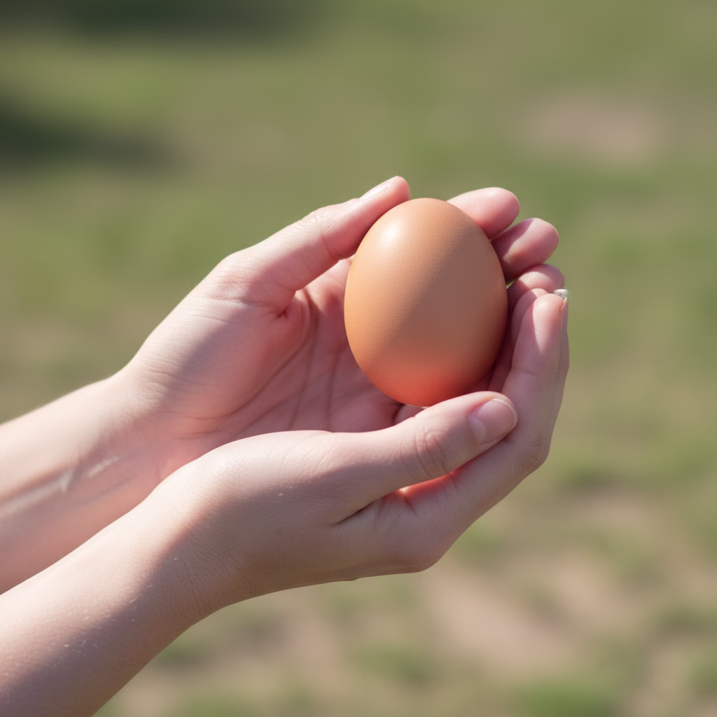 Saubere Hände halten ein makelloses, glattes braunes Ei.