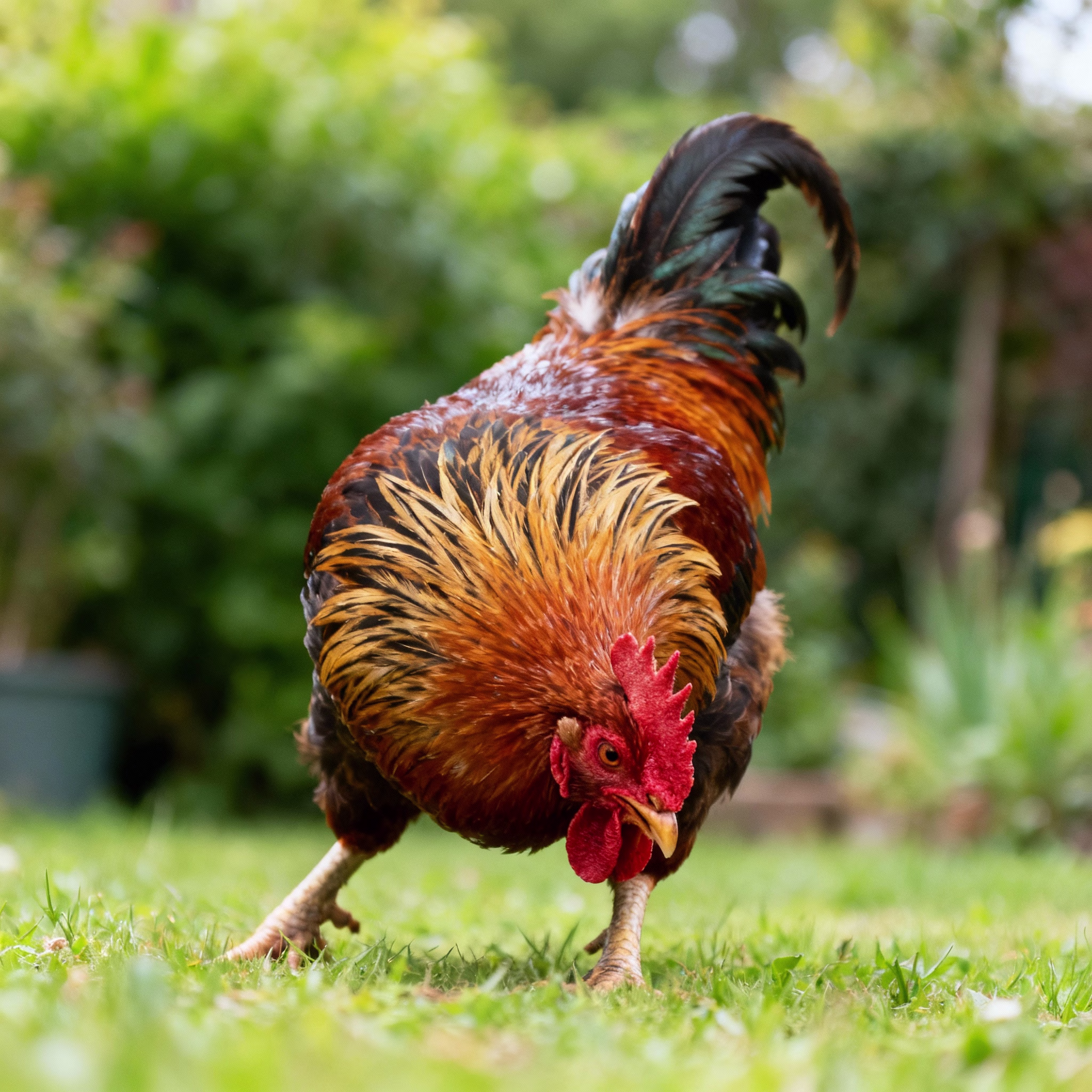 Hahn in Angriffshaltung mit aufgestellten Halsfedern im grünen Garten
