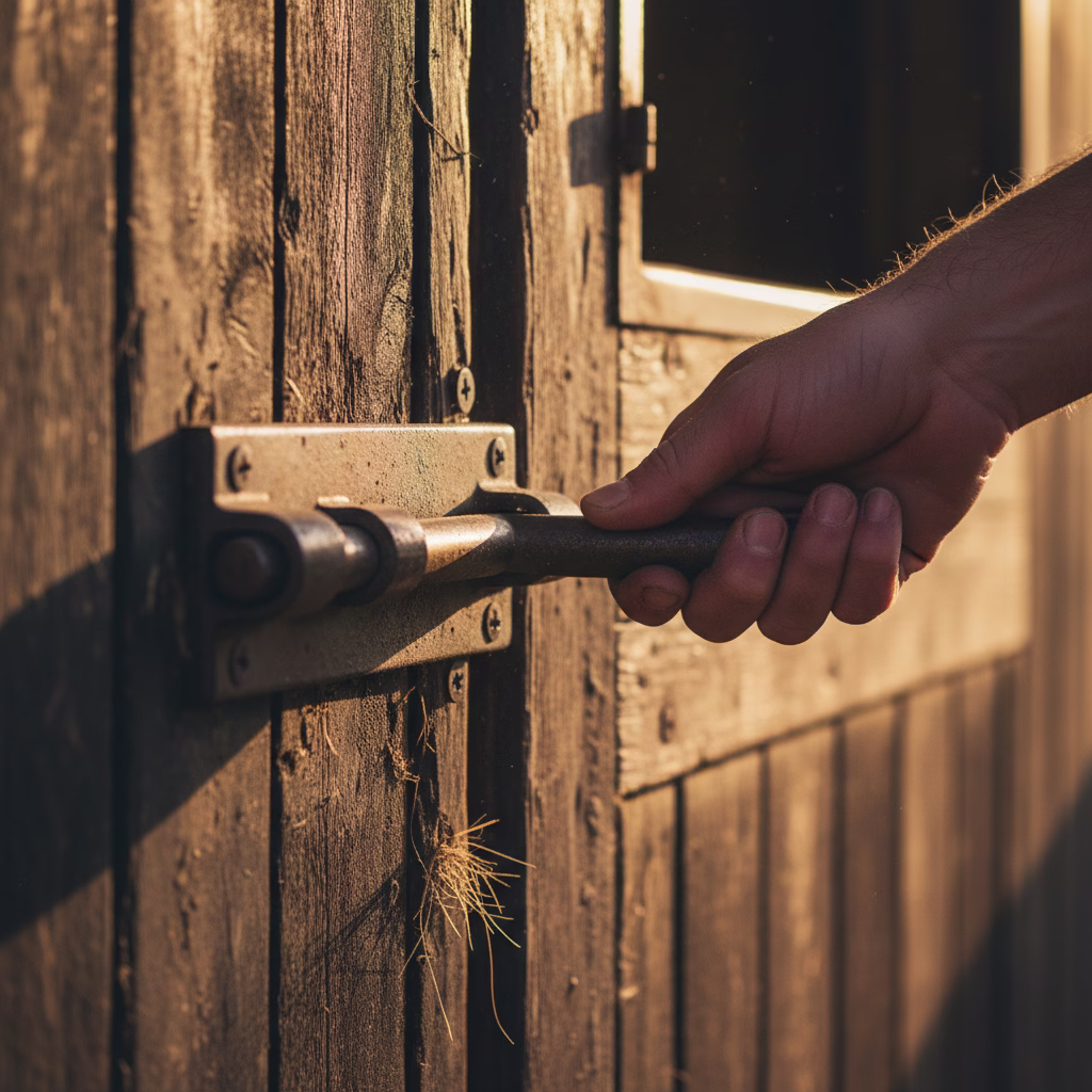 Hand verriegelt robusten Riegel an hölzerner Stalltür im Abendlicht.