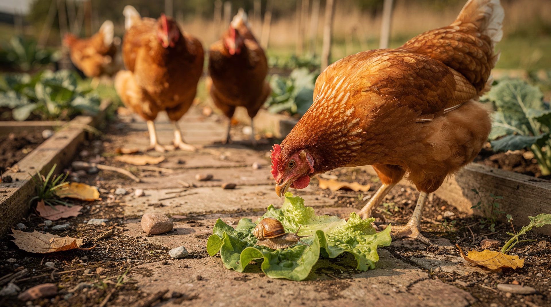 Henne pickt Schnecke von Salatblatt auf Gartenweg mit neugierigen Hühnern