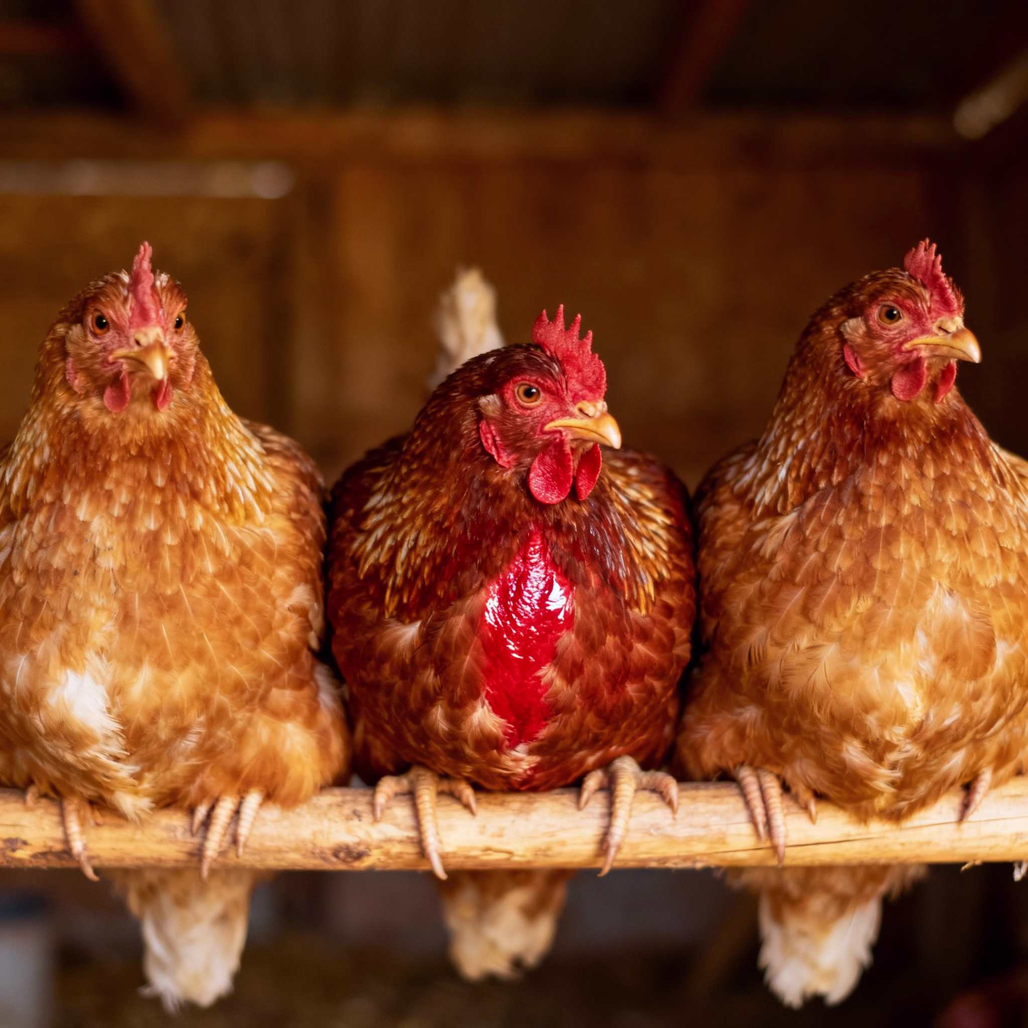 Drei Hennen auf Holzstange, mittlere mit roter Haut, seitlich intaktes Gefieder, natürliches Scheunenlicht