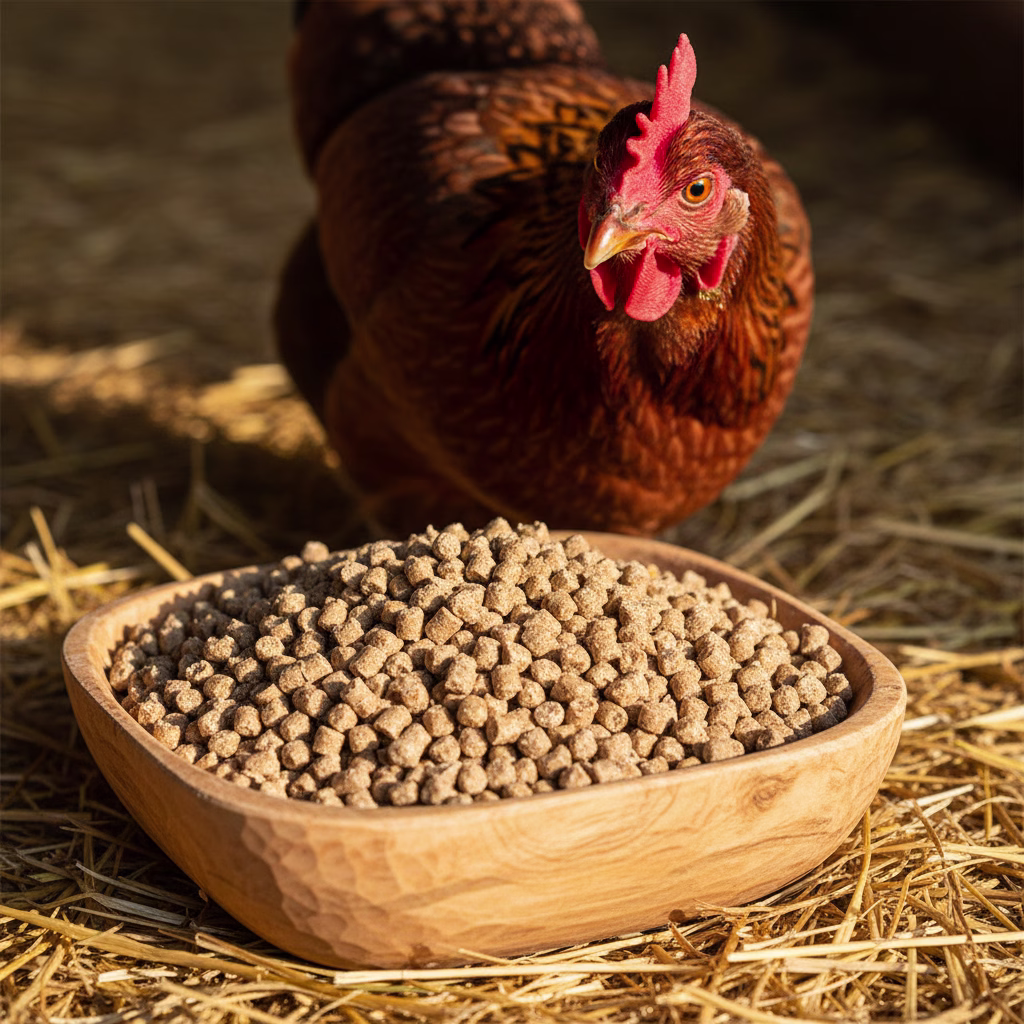 Holzschale mit Hühnerfutter-Pellets, im Hintergrund ein neugieriges Huhn.
