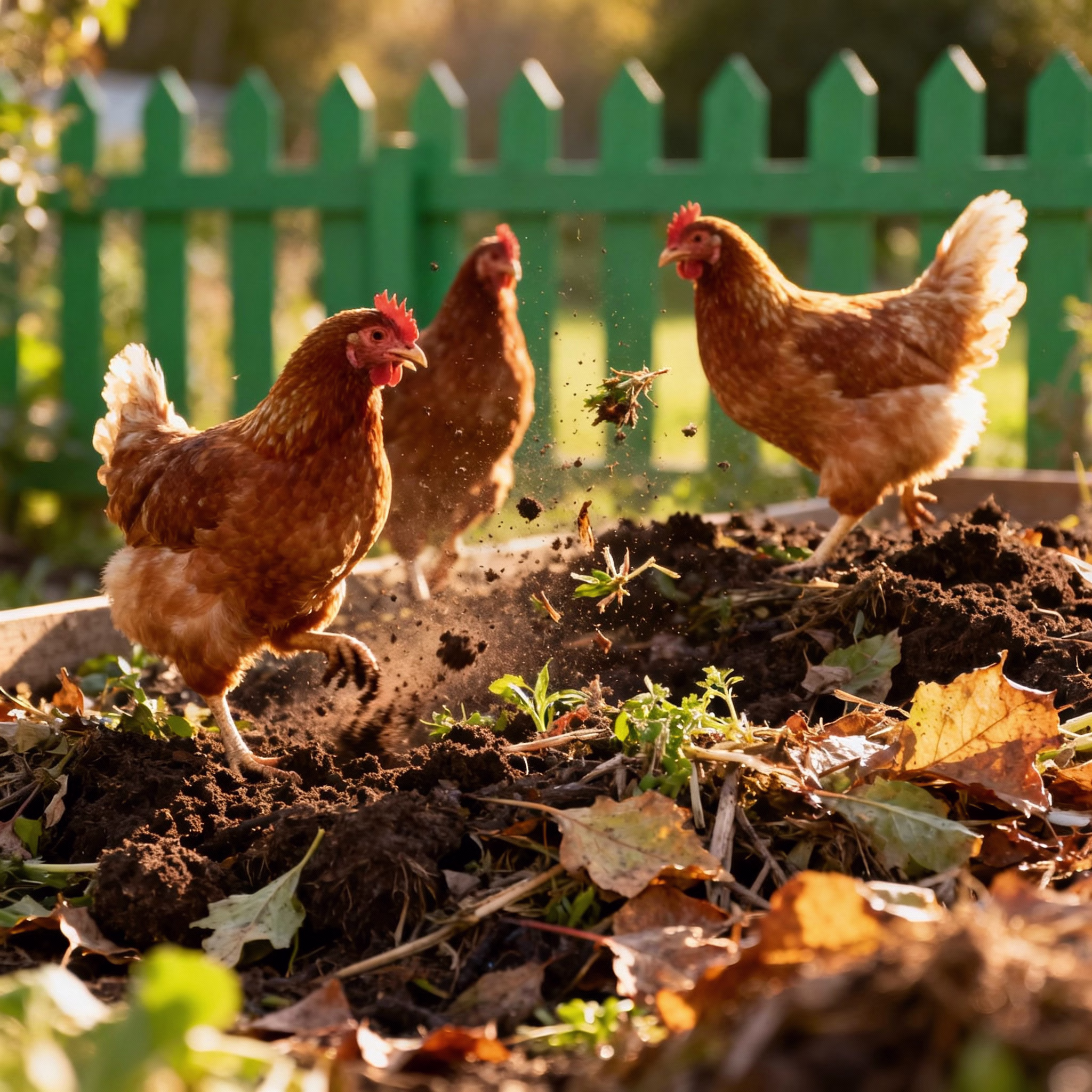 Drei Hühner scharren auf einem sonnigen Komposthaufen im Garten.