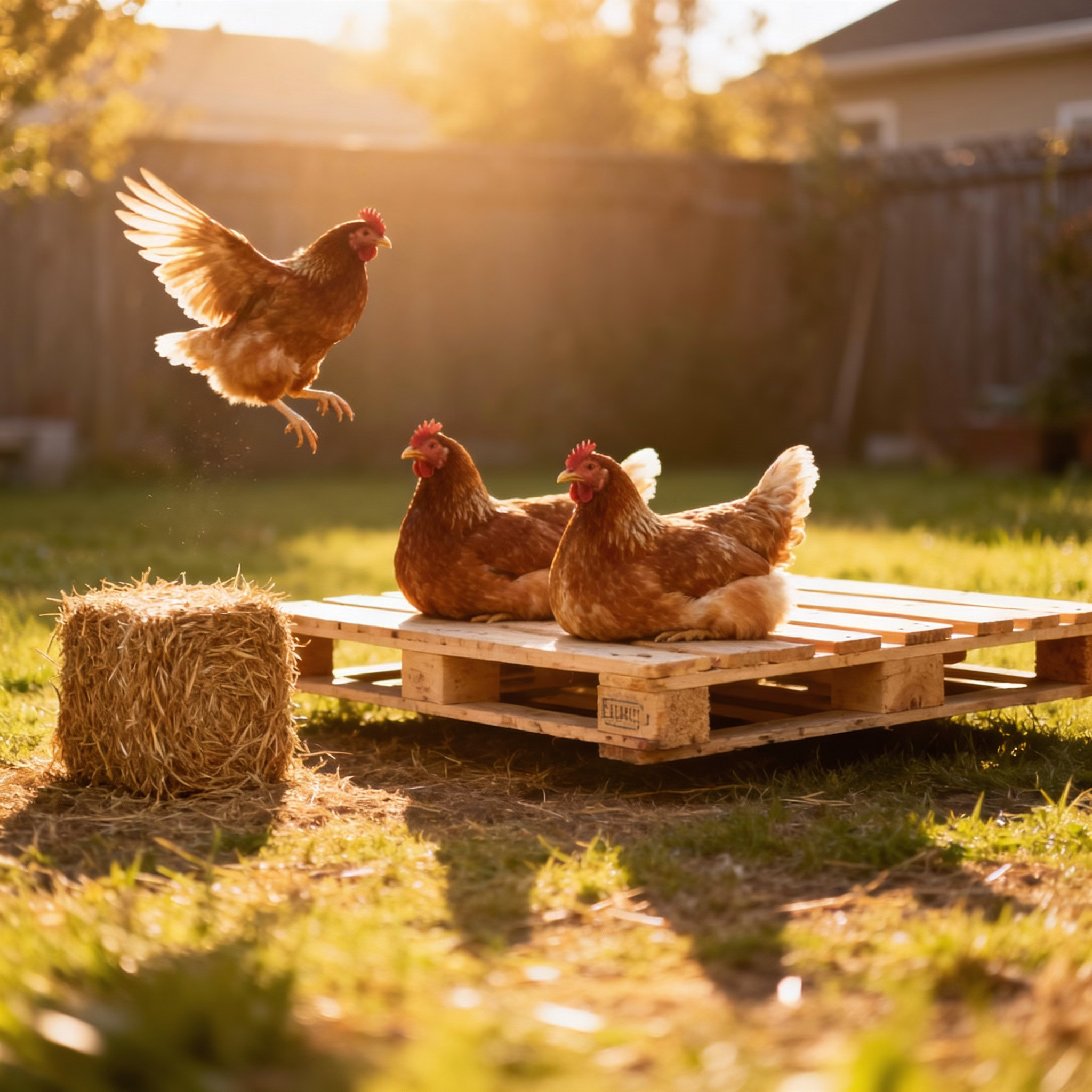 Zwei Hühner auf umgedrehter Europalette, eine Henne flattert hinauf, Strohballen daneben, sonniger Hinterhof