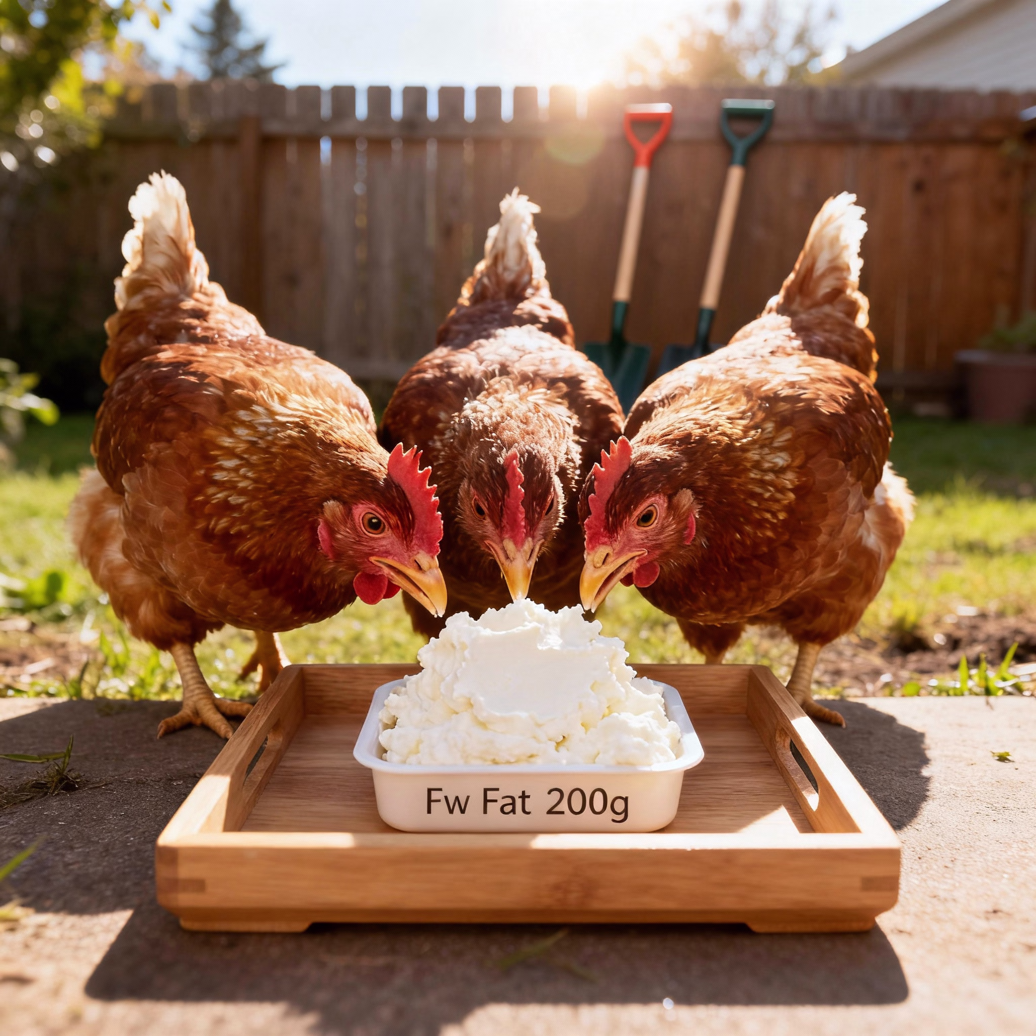 Drei glückliche Hühner picken 200g Magerquark aus Holztablett im sonnigen Hinterhof