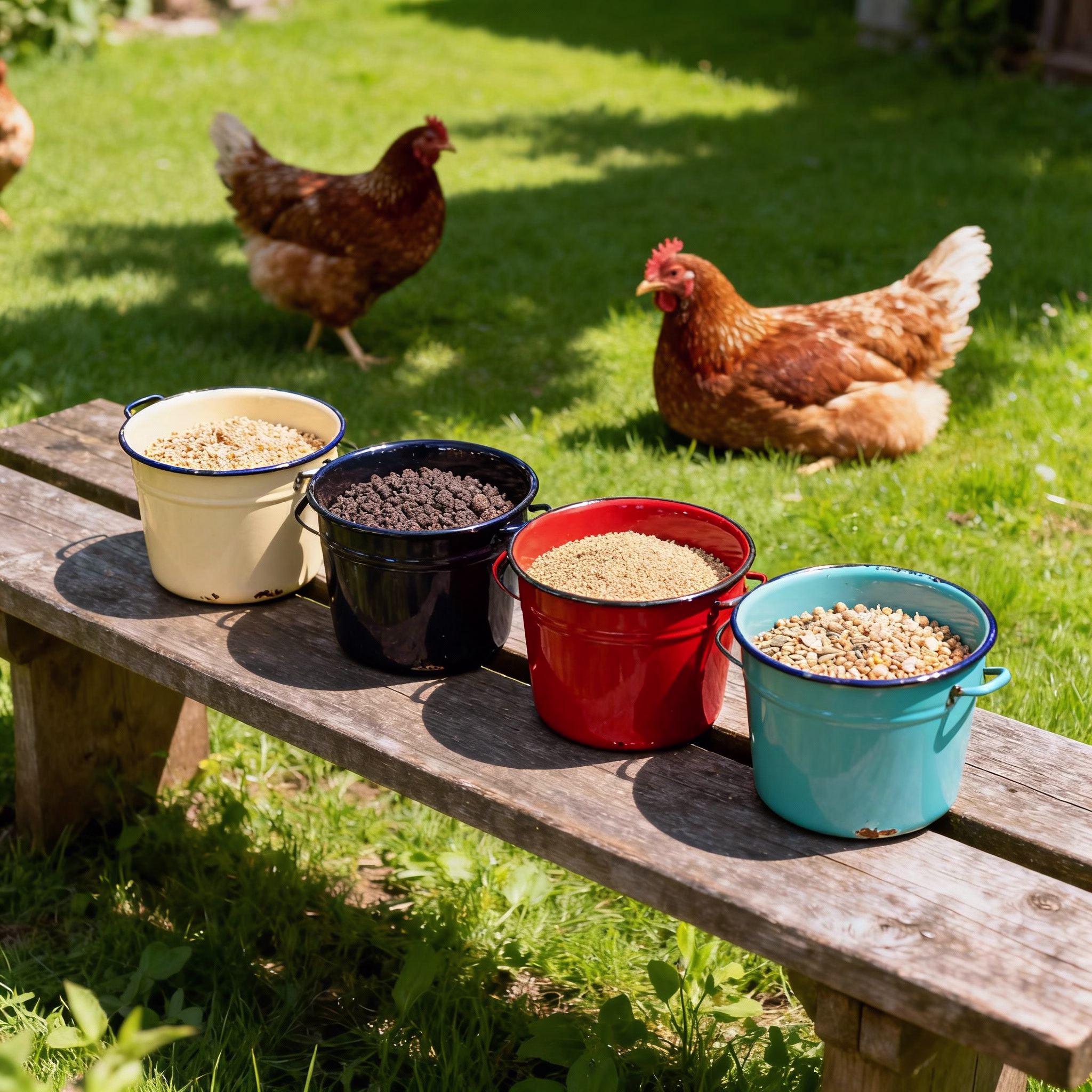 4 bunte Emaille-Eimer mit Körnermischungen auf Holzbank, Hühner auf grünem Rasen