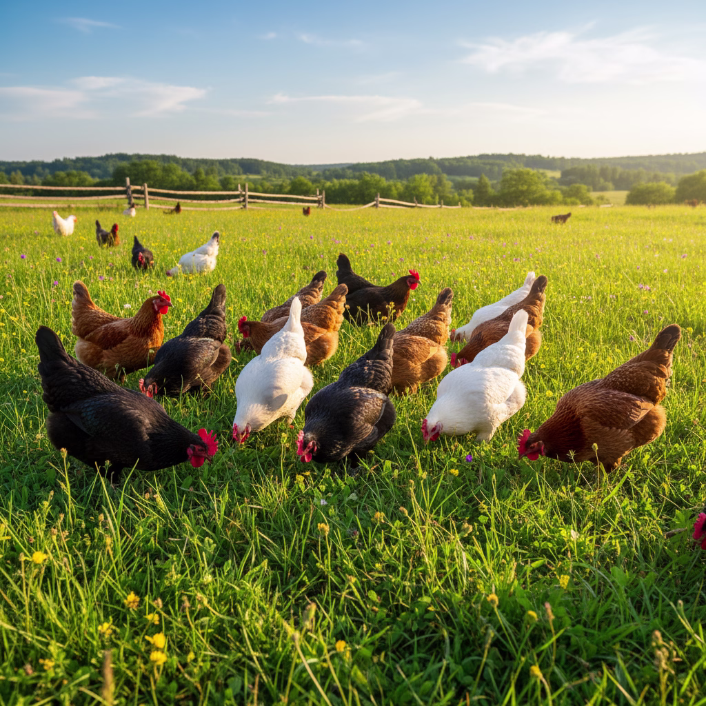 Verschiedenfarbige Hühner picken auf einer grünen Wiese bei Sonnenschein.