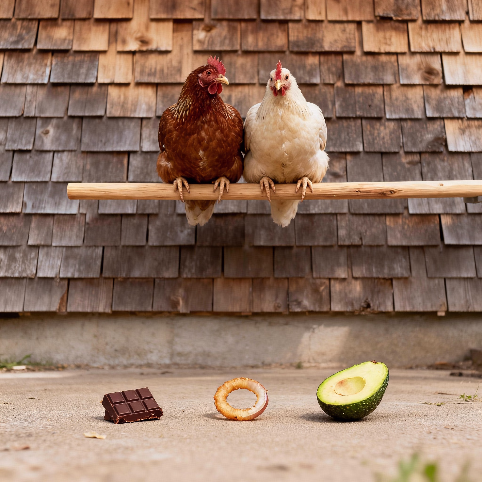 Zwei Hühner auf Holzstange über Küchenresten: Schokolade, Zwiebel, Avocado
