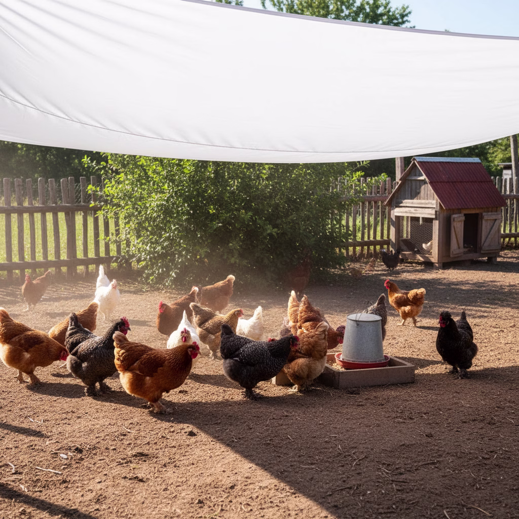 Hühner im Schatten eines weißen Sonnensegels über ihrem Auslauf.