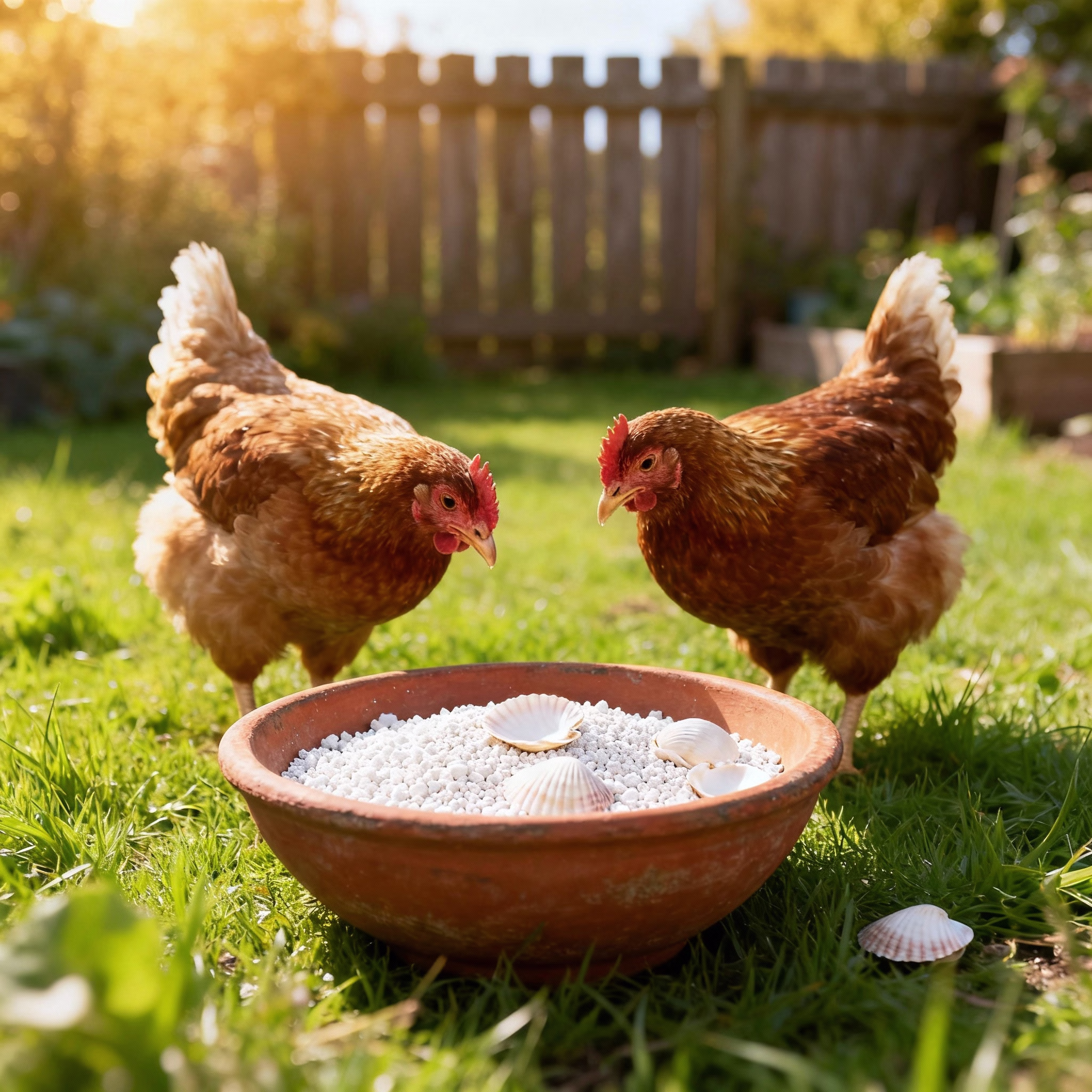 Zwei Hühner picken Muschelgrit aus einer Tonschale auf dem Rasen im sonnigen Garten.