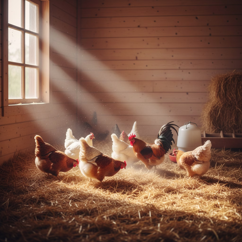 Hühner scharren und picken in goldenem Stroh in einem sonnigen Stall.