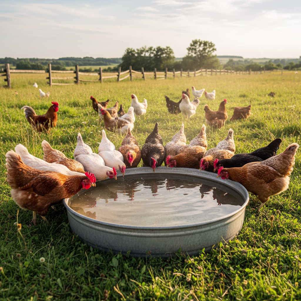 Mehrere Hühner trinken an einer Wasserstelle auf einer Weide.