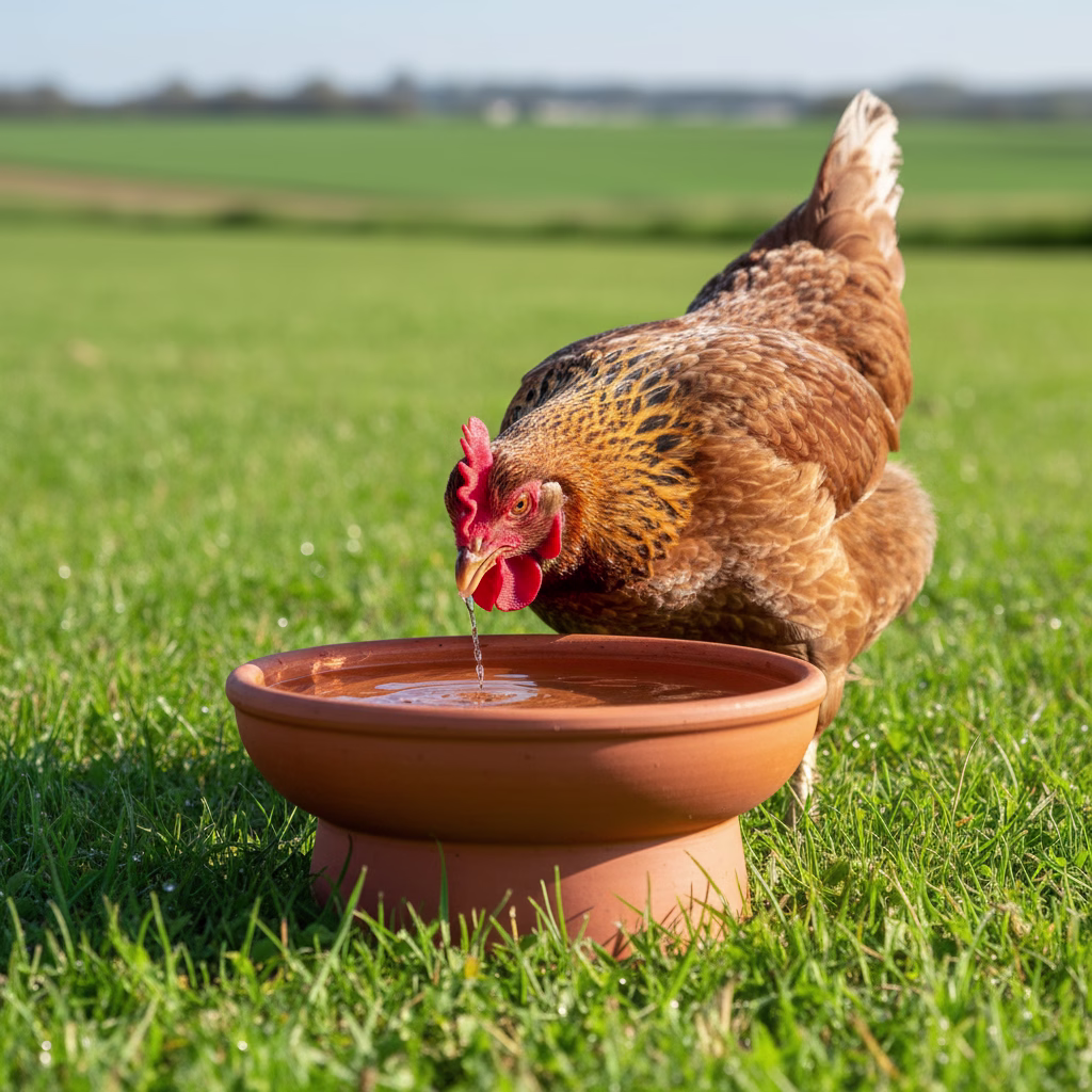 Zufriedenes Huhn trinkt aus robuster Tränke auf sonniger Wiese.