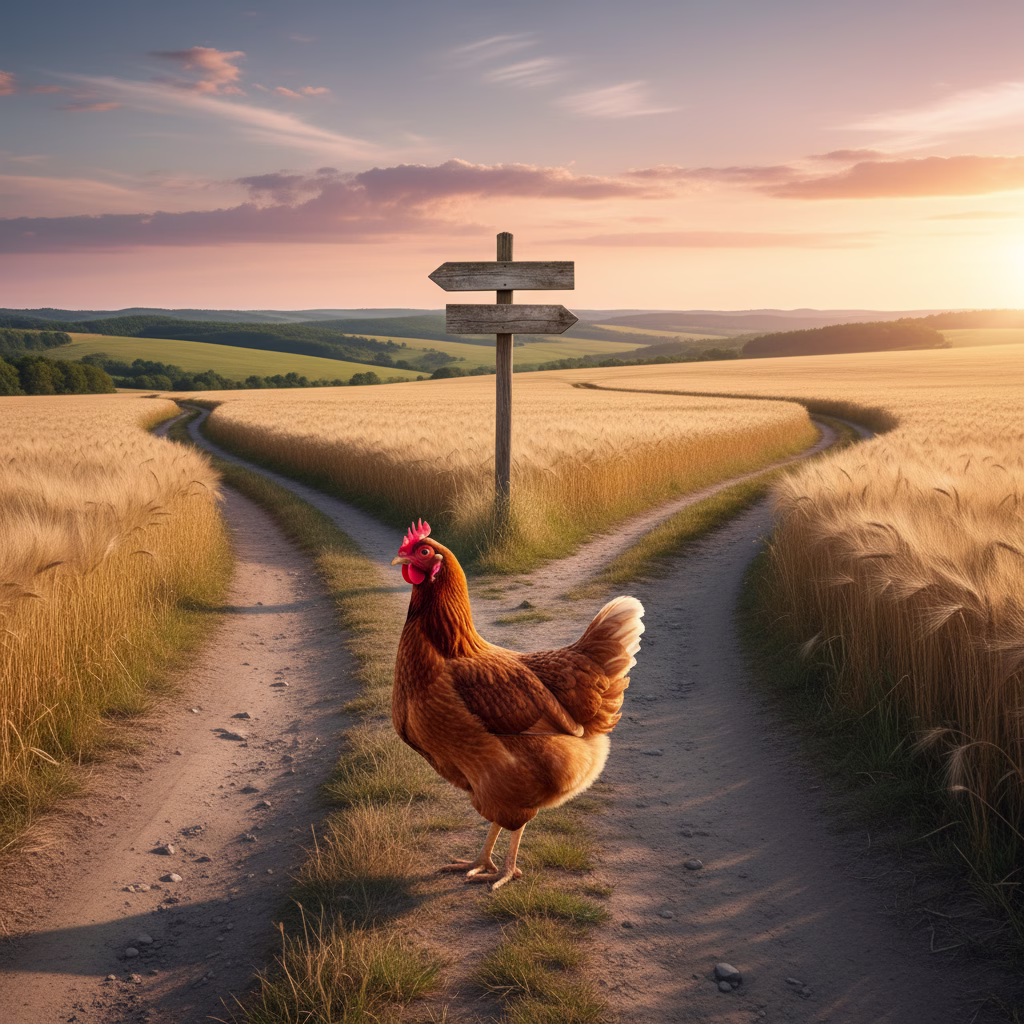 Ein Huhn steht an einer Weggabelung auf einem Feldweg.