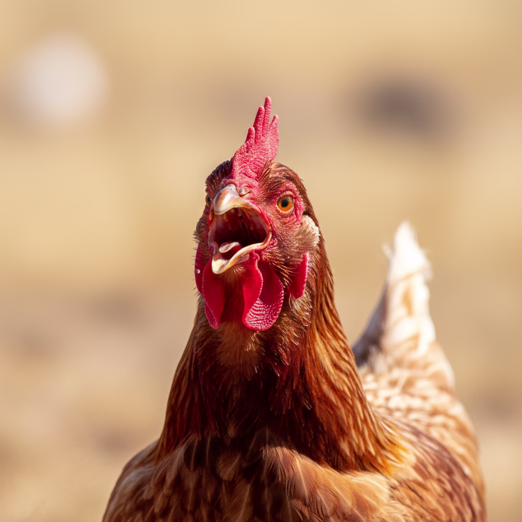 Ein Huhn hechelt mit weit geöffnetem Schnabel in heißer, verschwommener Umgebung.