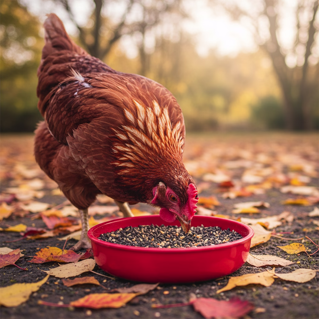 Huhn in der Mauser pickt Futter aus rotem Napf in herbstlicher Umgebung.