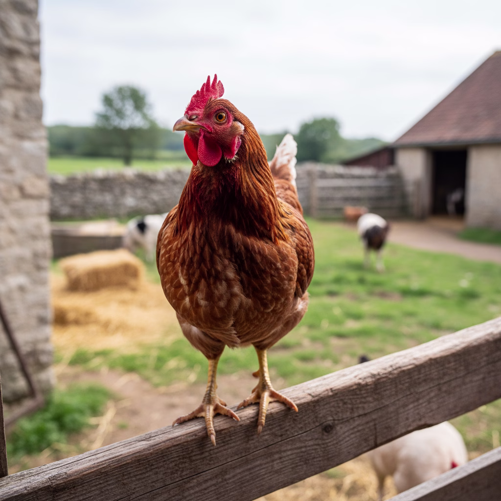 Huhn auf einem Holzbalken mit neugierig geneigtem Kopf.