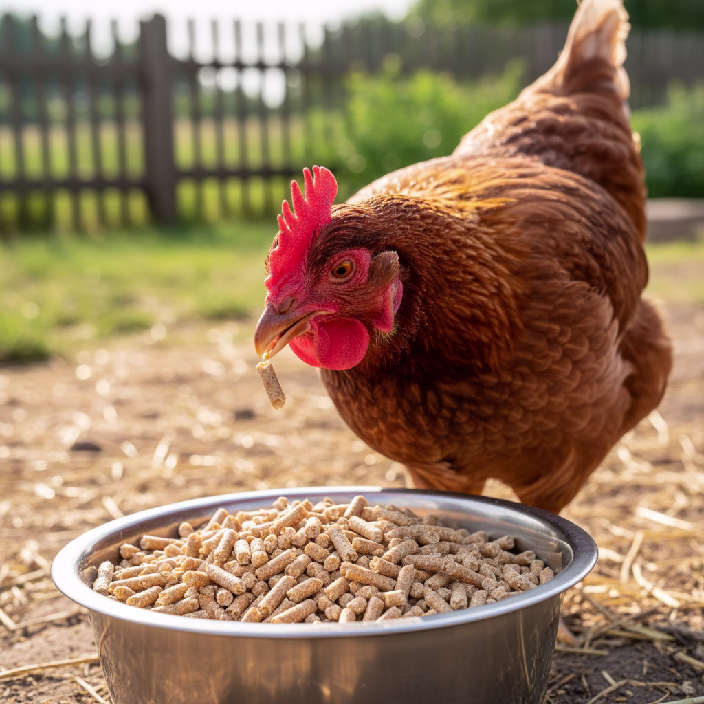 Huhn pickt Pellets aus einem vollen Futternapf auf einem sonnigen Hof.