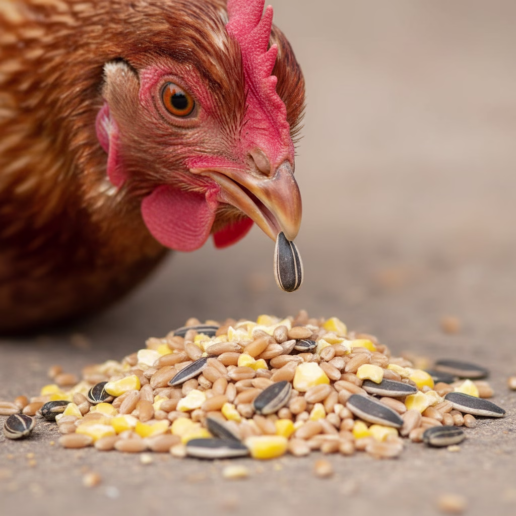 Huhn pickt Sonnenblumenkern aus einer Mischung von Weizen und Mais.