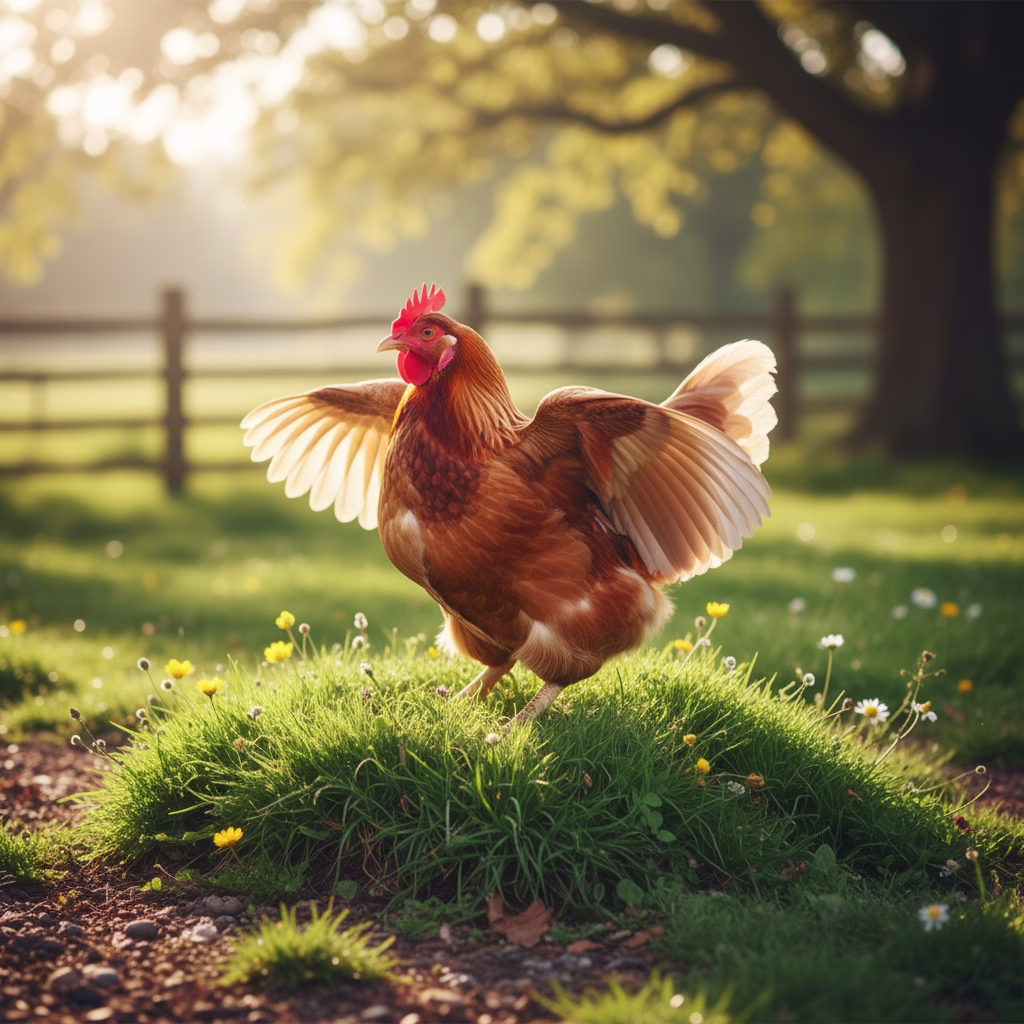 Huhn sonnt sich mit gespreizten Flügeln auf einem grünen Grashügel.