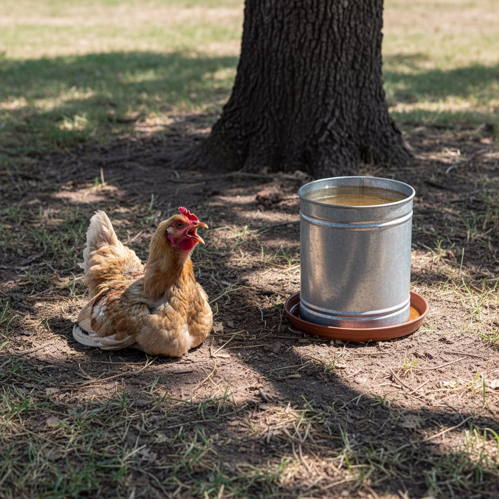 Überhitztes Huhn hechelt im Schatten neben sonnenbeschienener Tränke.