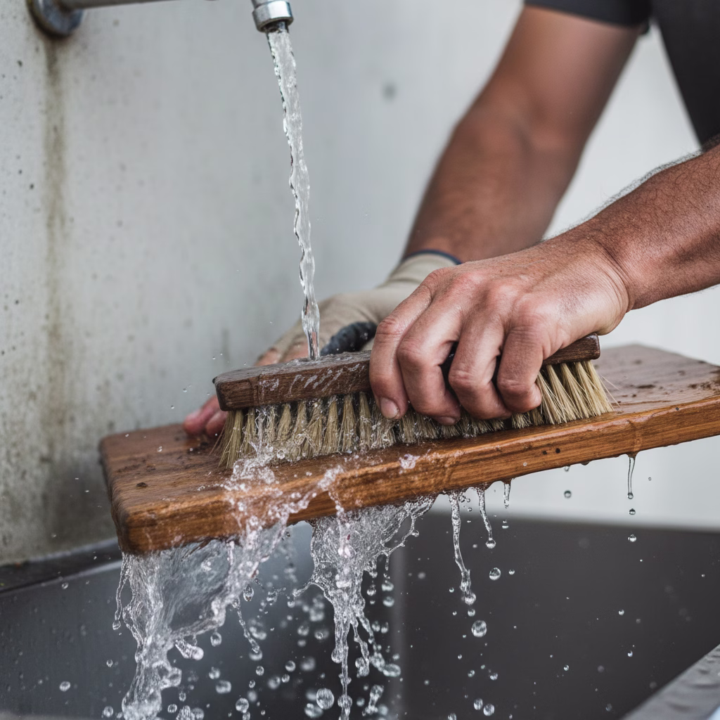 Bauer reinigt mit Bürste ein hölzernes Kotbrett unter fließendem Wasser.
