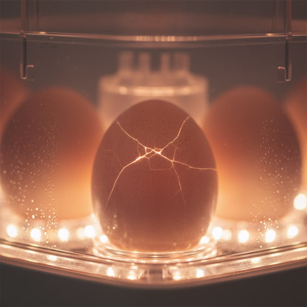 Hühnerei im Brutkasten mit erstem Riss in der Schale.
