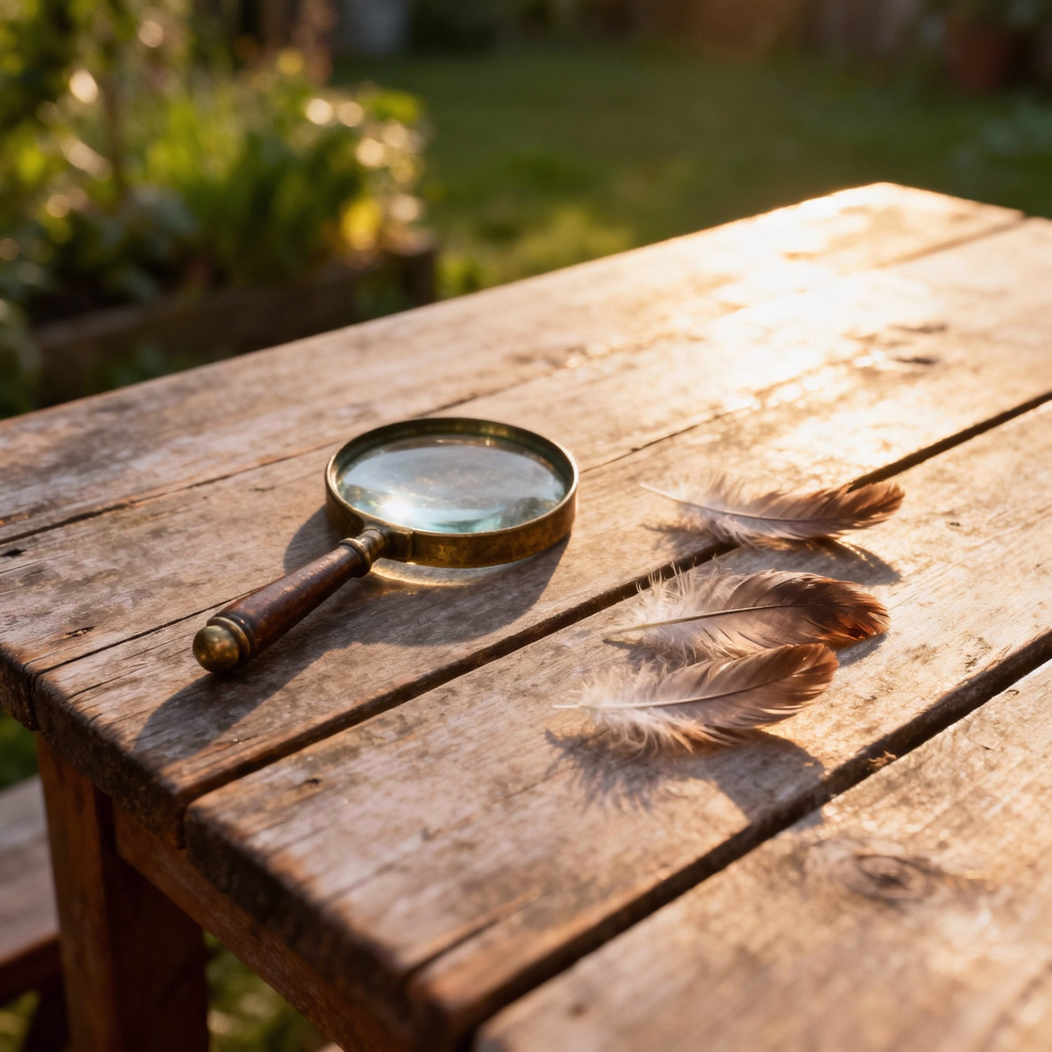 Alte Lupe auf verwittertem Holztisch neben Hühnerfedern im weichen Sonnenlicht