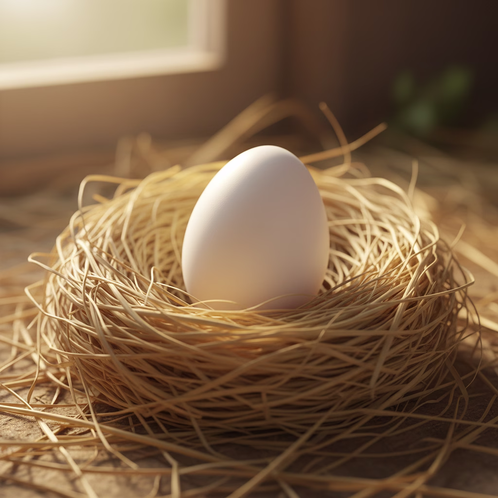 Einzelnes Ei in einem Strohnest, von warmem Licht beleuchtet.