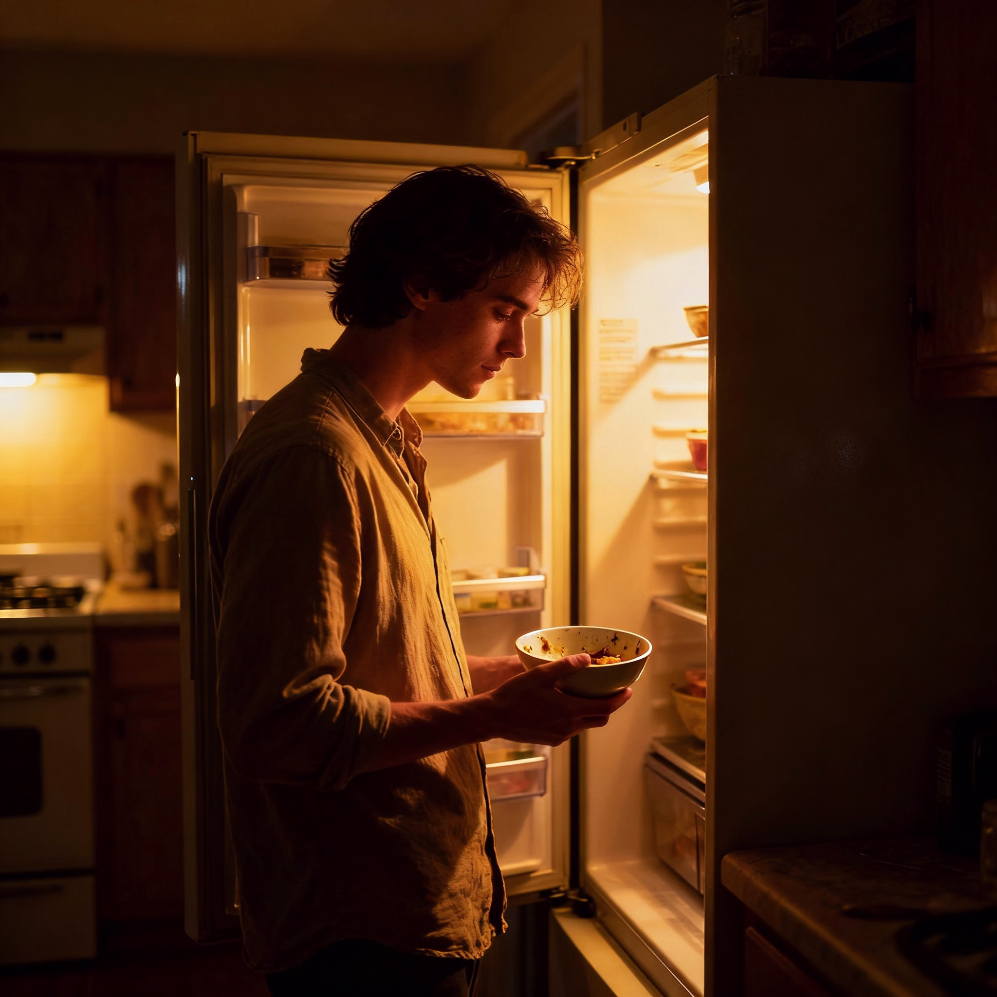 Person mit Reste-Schüssel vor offenem Kühlschrank bei warmem Abendlicht