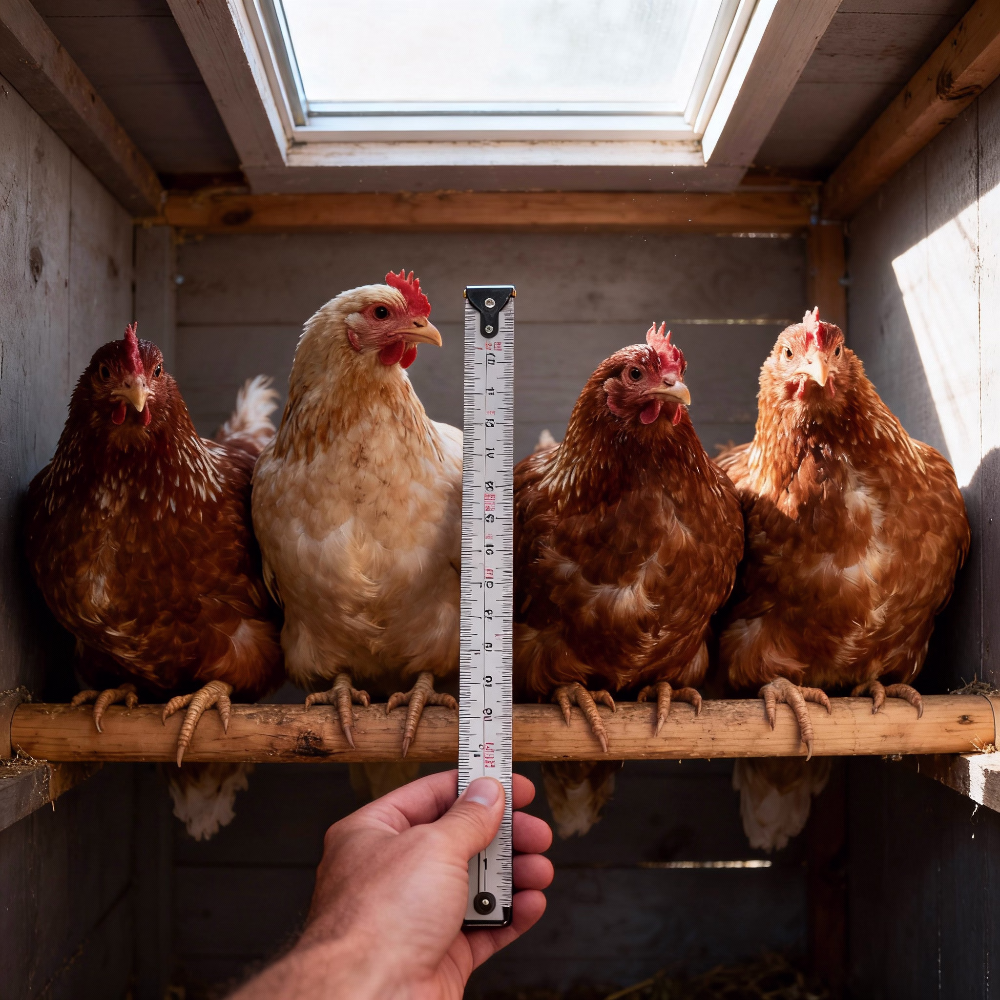Hand misst Sitzstange im kleinen Hühnerstall mit 4 Hennen, Tageslicht