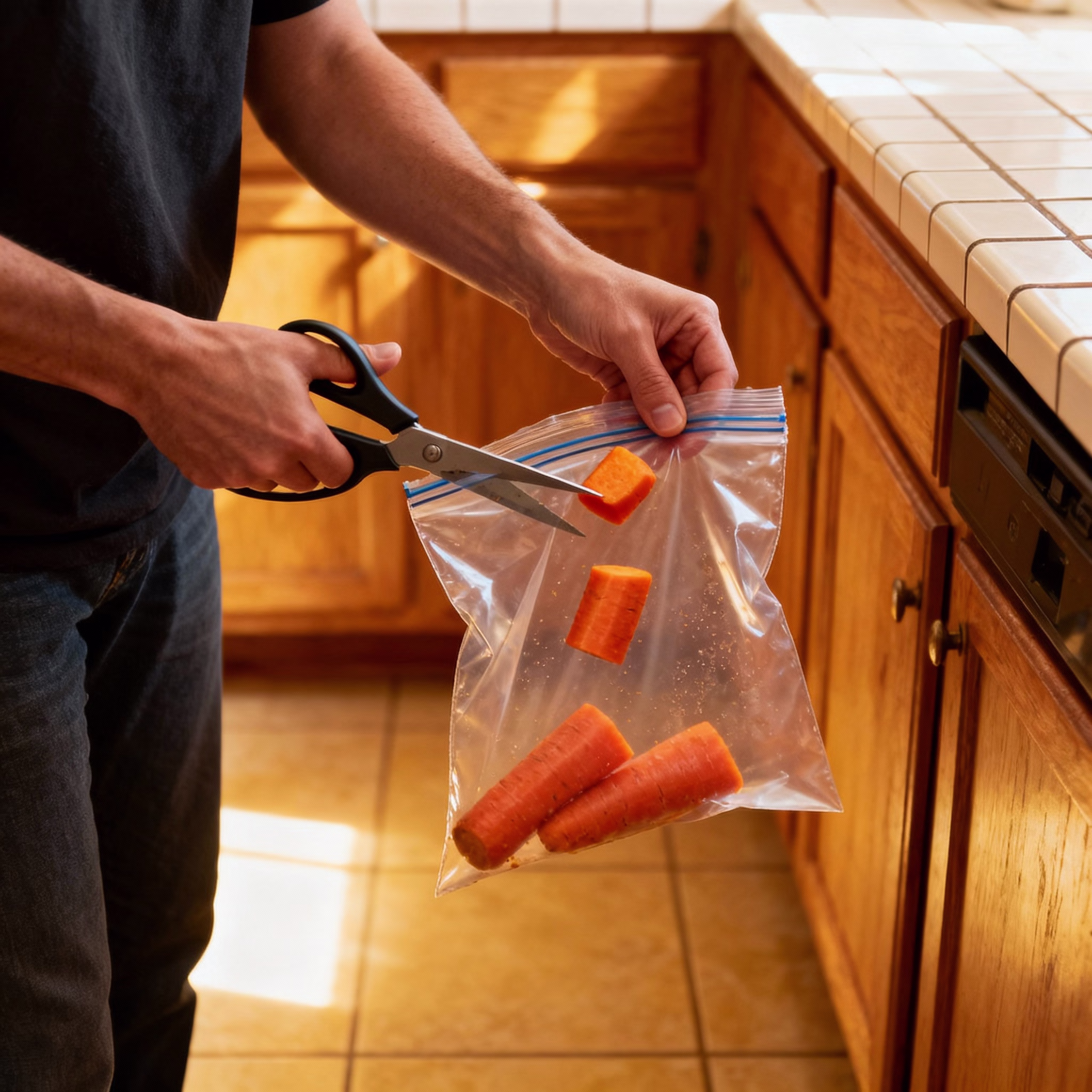 Person schneidet gekochte Karotten in Gefrierbeutel, warm beleuchtete Küche