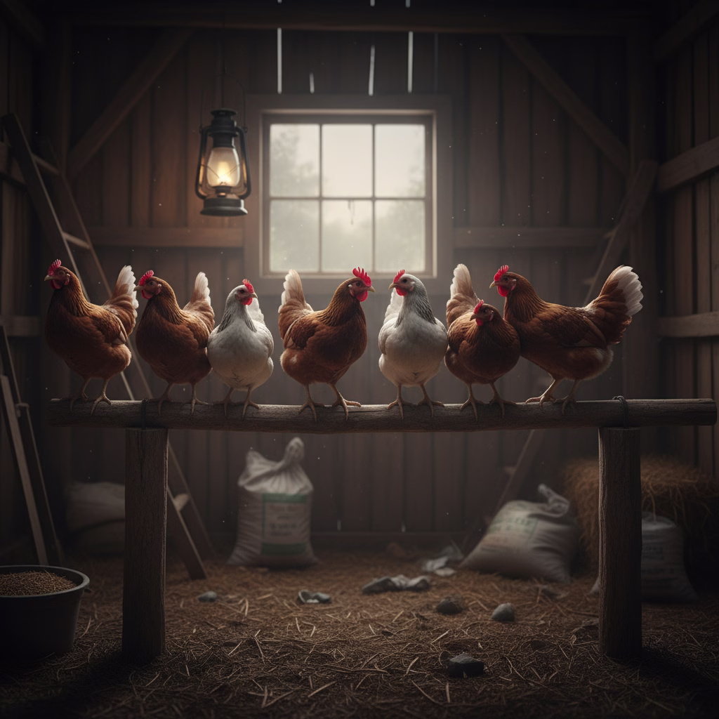 Unruhige Hühner auf einer Holzstange im dämmrigen Stall.
