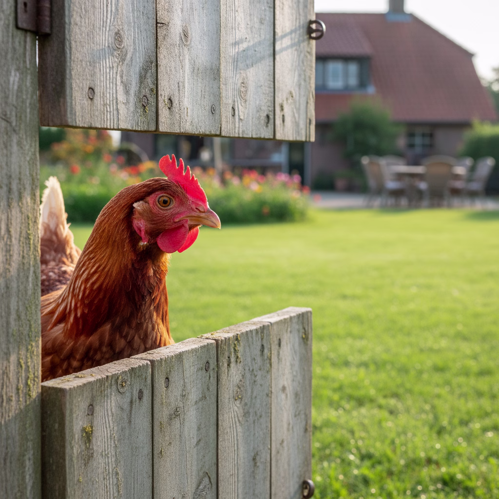 Huhn steckt Kopf durch Holzgatter auf eine grüne Wiese.