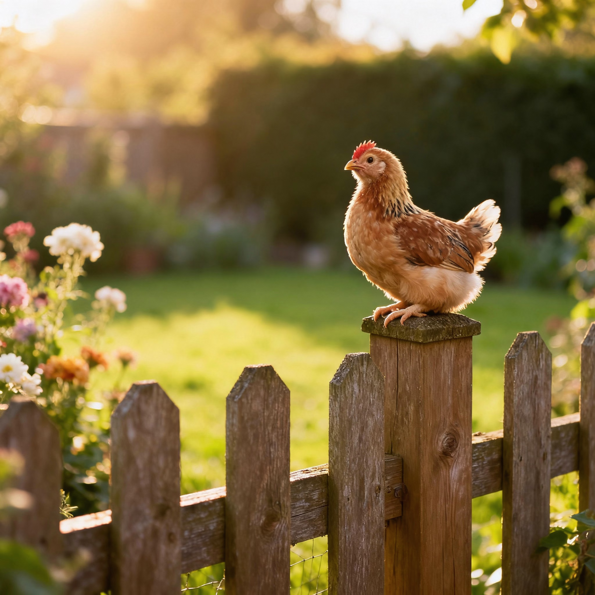 Stolzes Zwerghuhn auf Holzzaun vor unscharfem, blühendem Garten